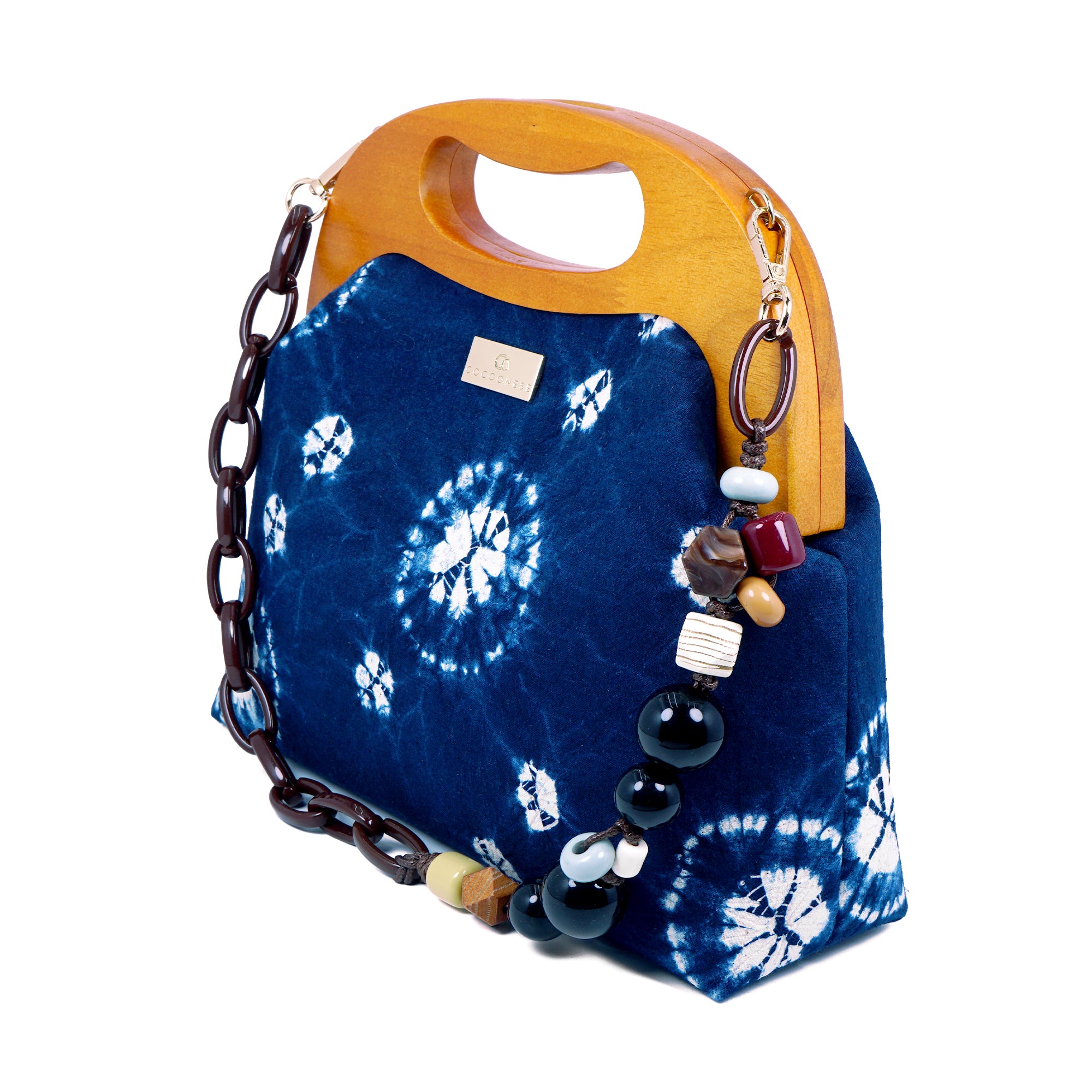 Handbag With Wooden Frame - Shibori Bubbles