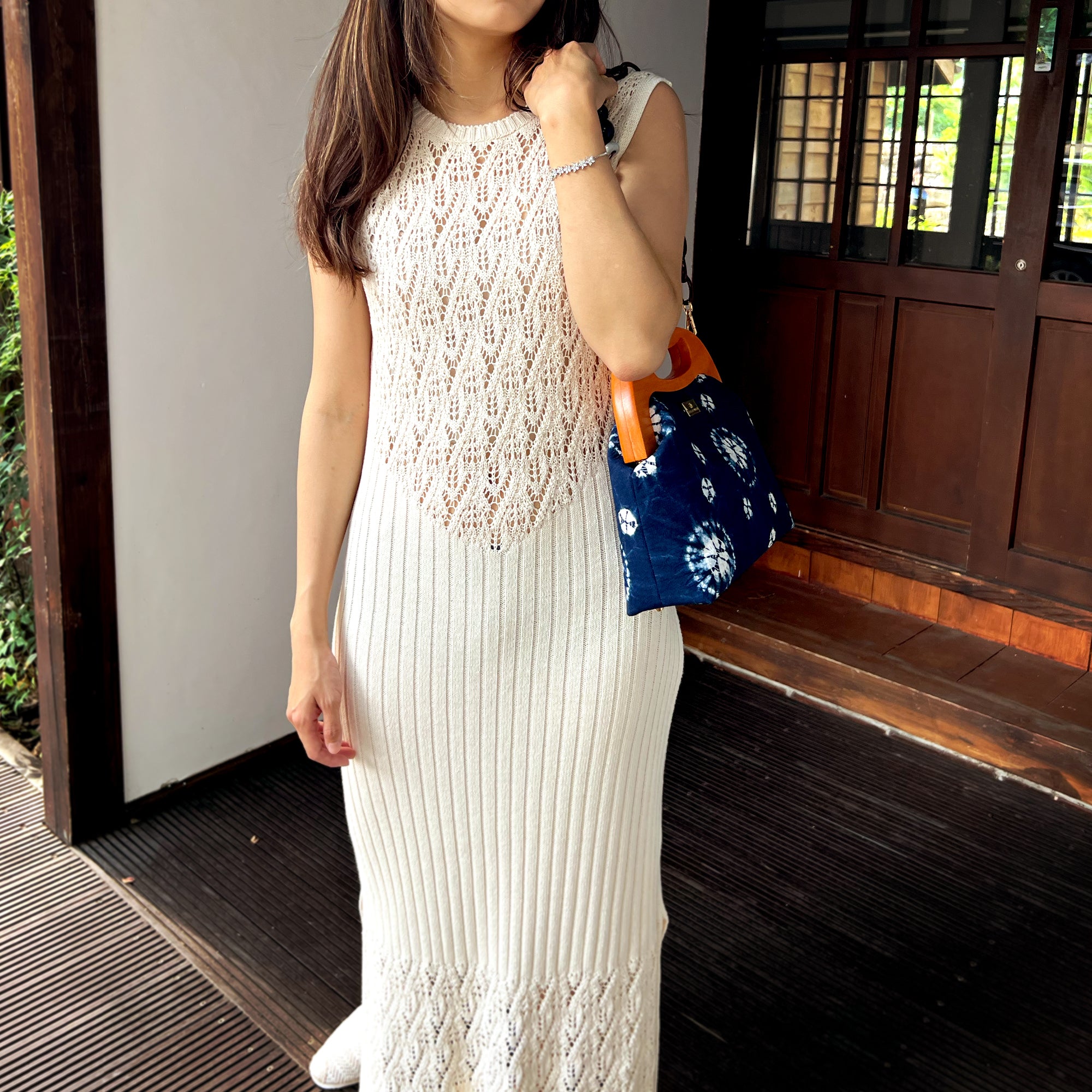 Handbag With Wooden Frame - Shibori Bubbles