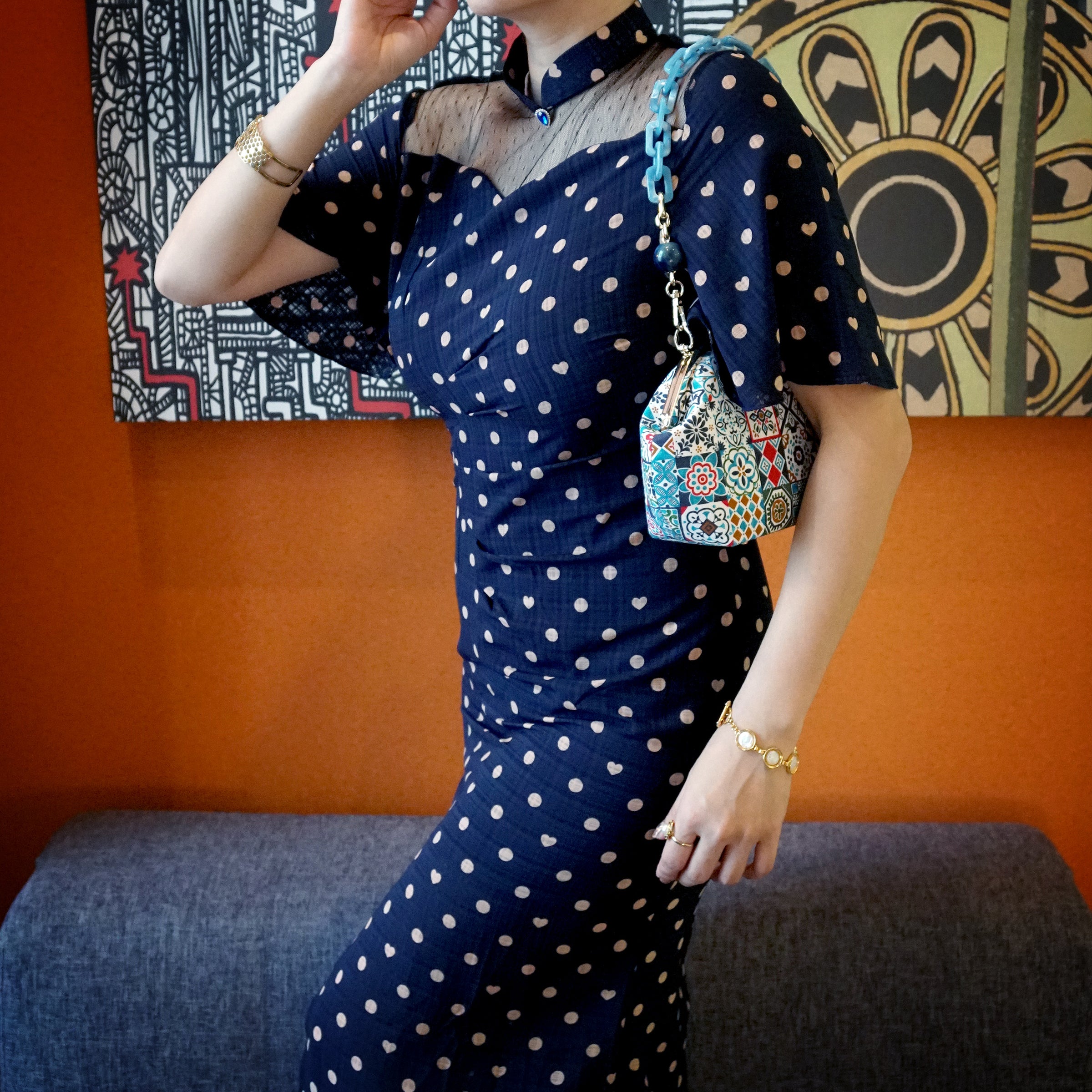 Acrylic Chain Handle Clasp Sling Bag - Peranakan Tiles