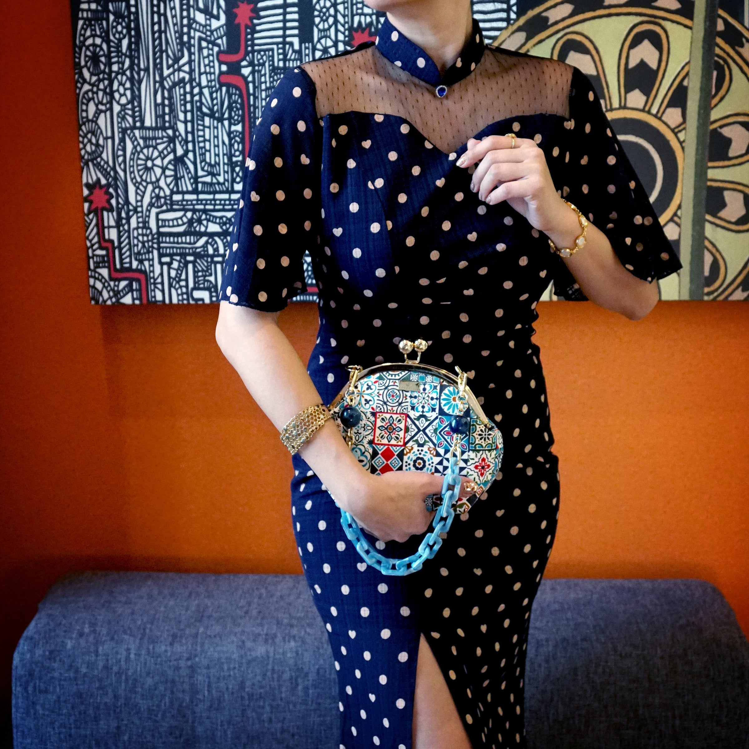 Acrylic Chain Handle Clasp Sling Bag - Peranakan Tiles