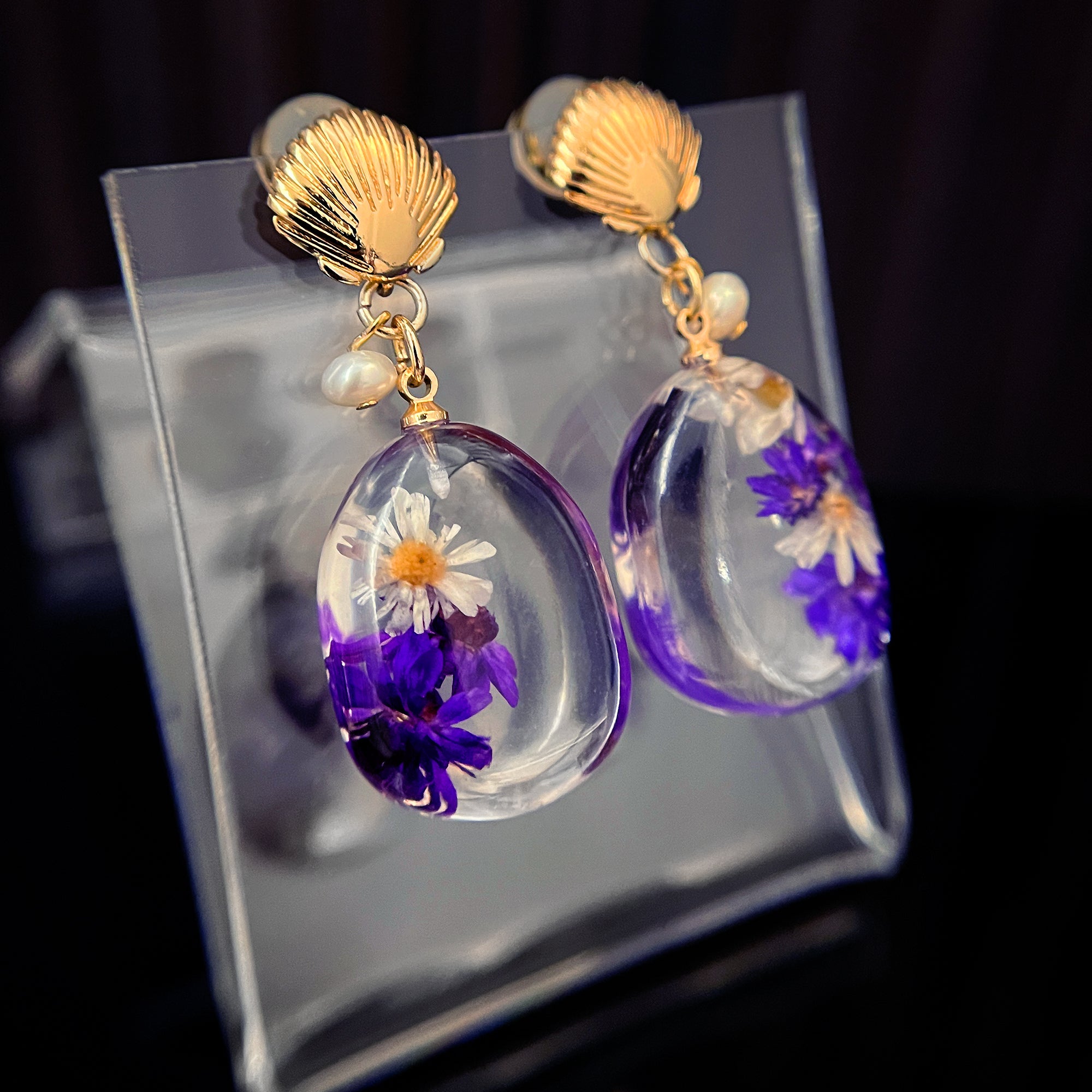 Shell Stud Dried Flower Resin Teardrop Earrings(PL)