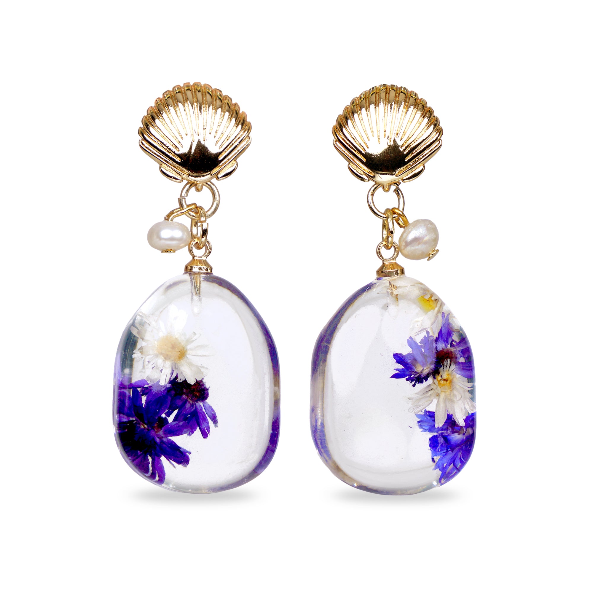 Shell Stud Dried Flower Resin Teardrop Earrings(PL)