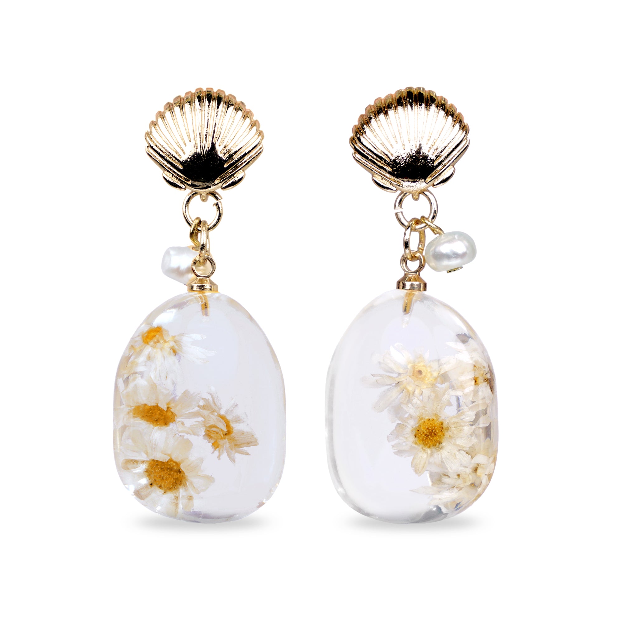 Shell Stud Dried Flower Resin Teardrop Earrings(WT)