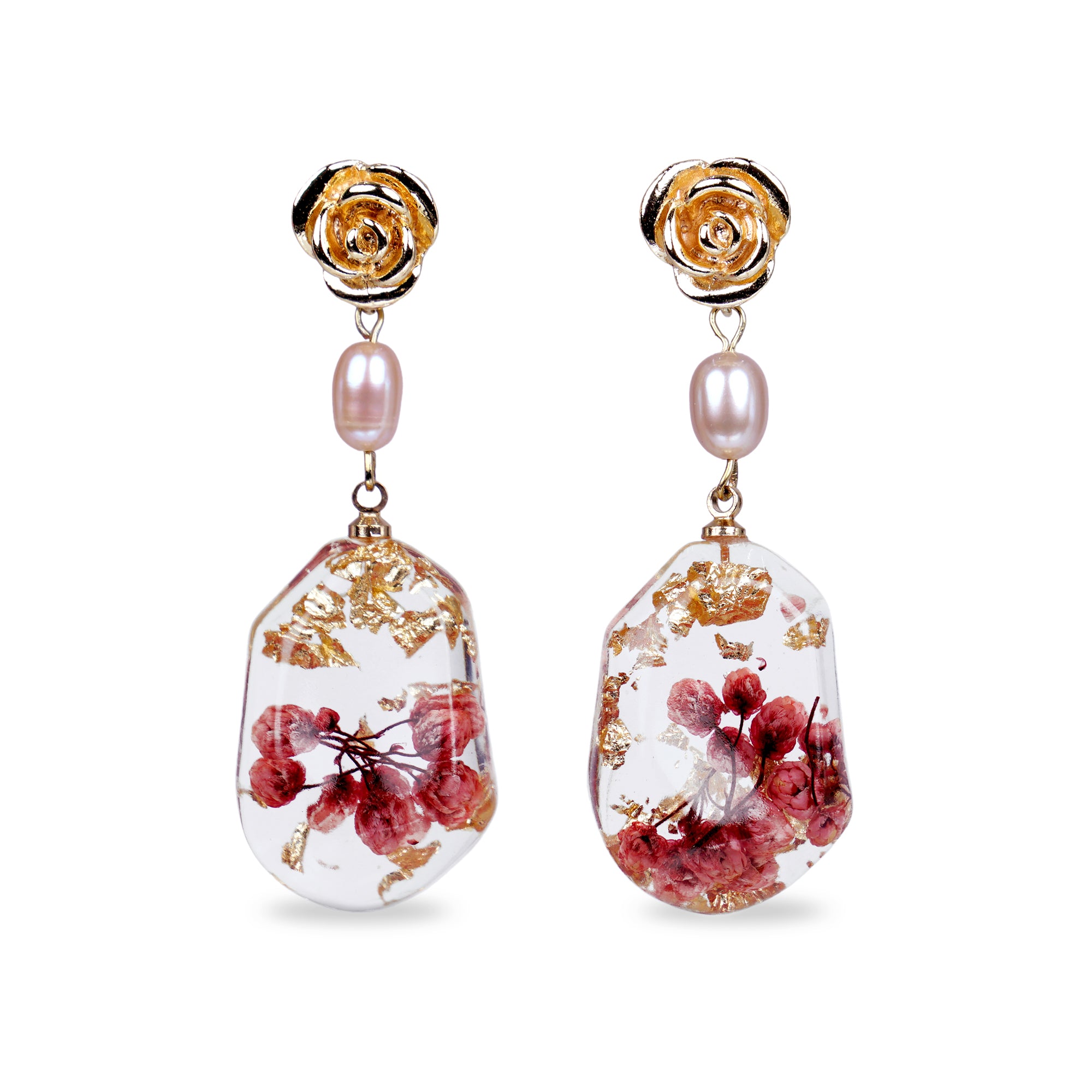 Rose Top With Dried Flower Resin Teardrop Earrings(RD)