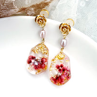 Rose Top With Dried Flower Resin Teardrop Earrings(RD)