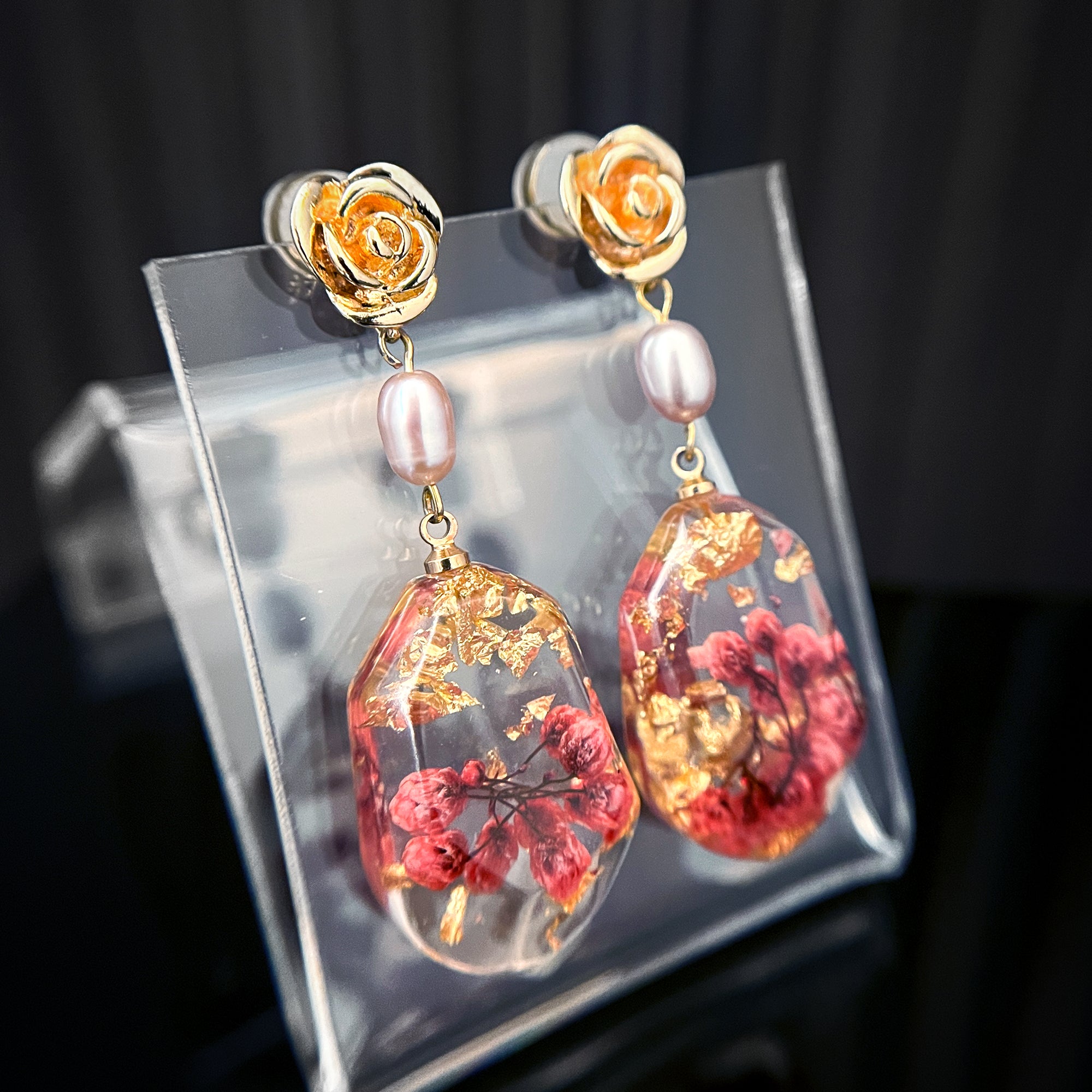 Rose Top With Dried Flower Resin Teardrop Earrings(RD)