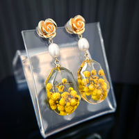 Rose Top With Dried Flower Teardrop Earrings(YL)