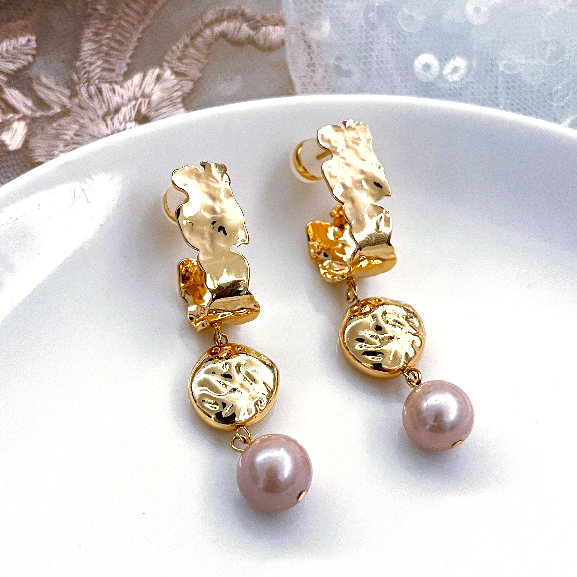 Hammered Rectangular With Circular Coin Dangle Earrings