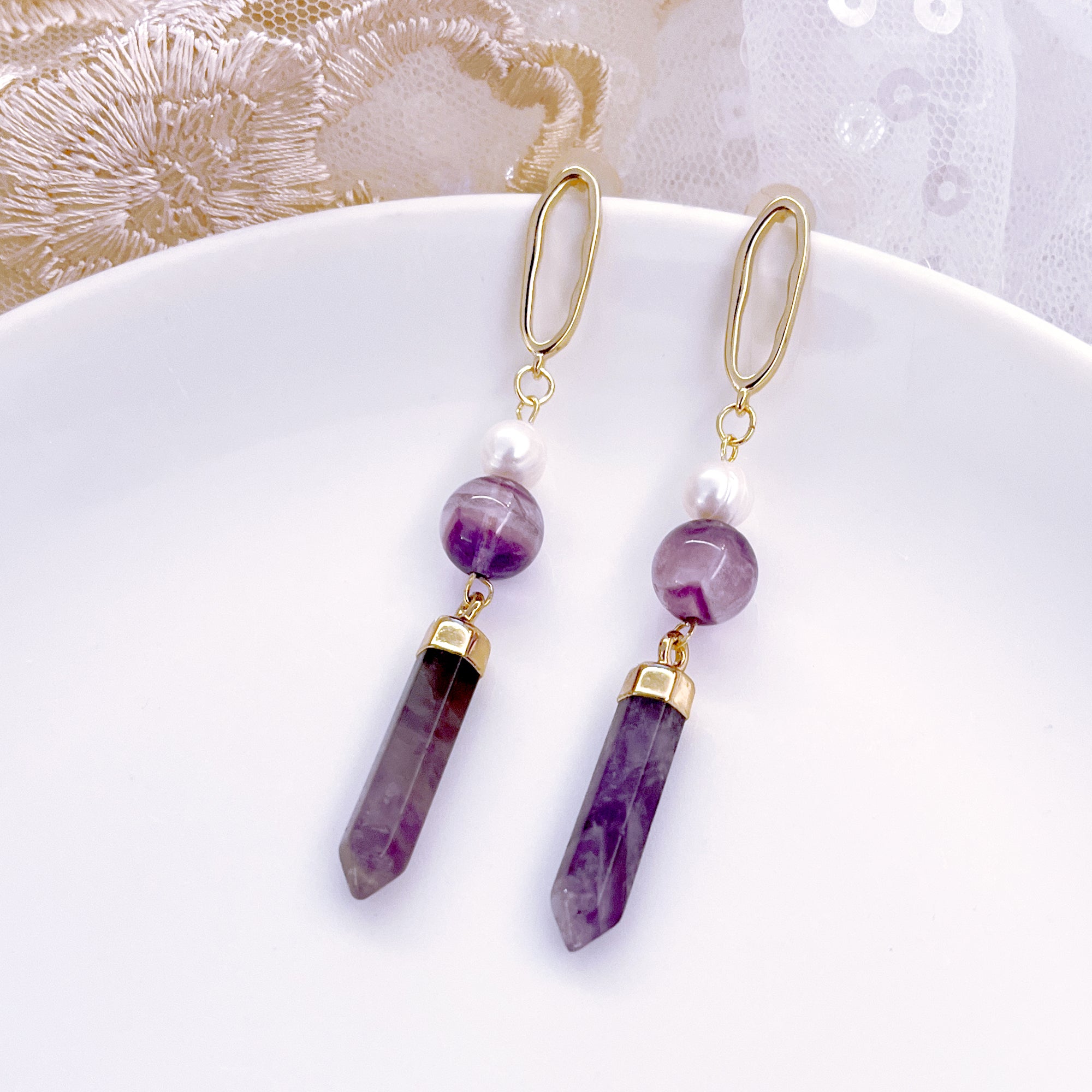 Amethyst Crystal Pillar Dangle Earrings