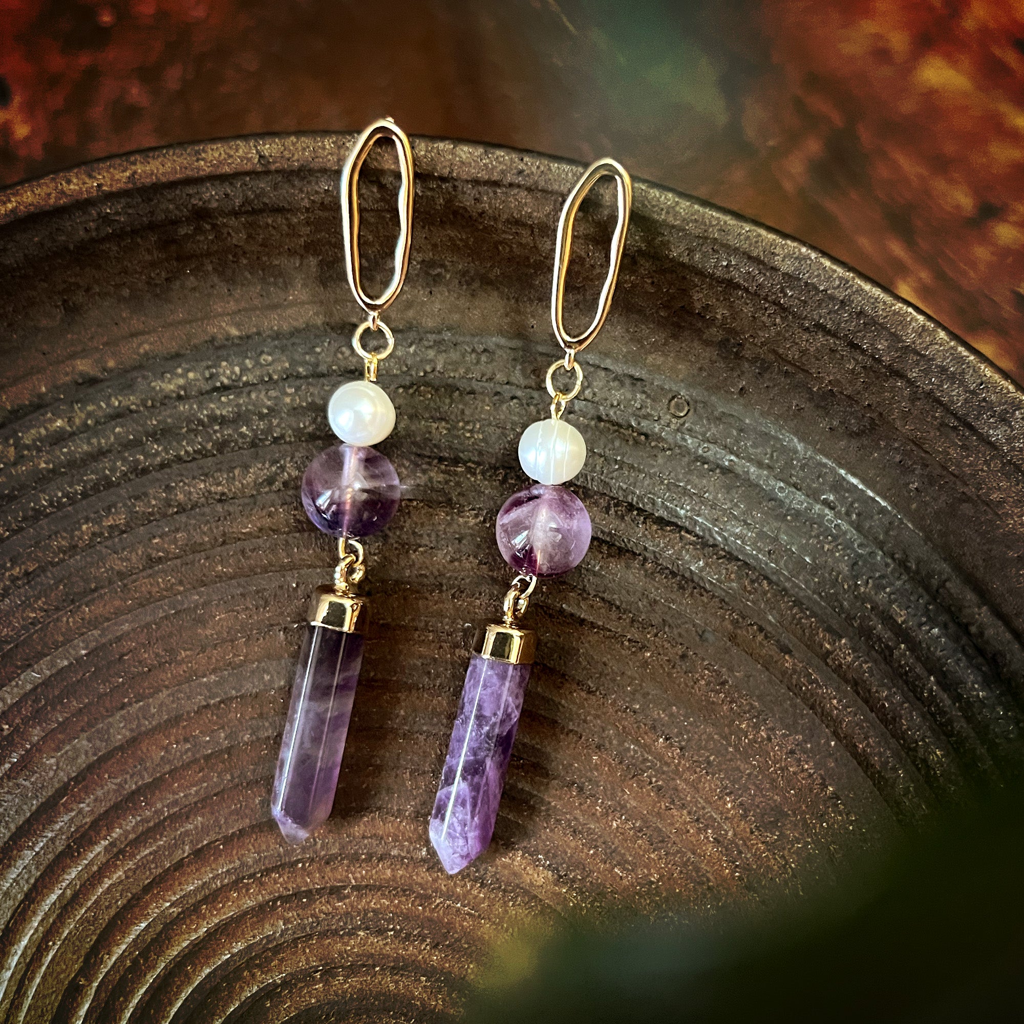 Amethyst Crystal Pillar Dangle Earrings