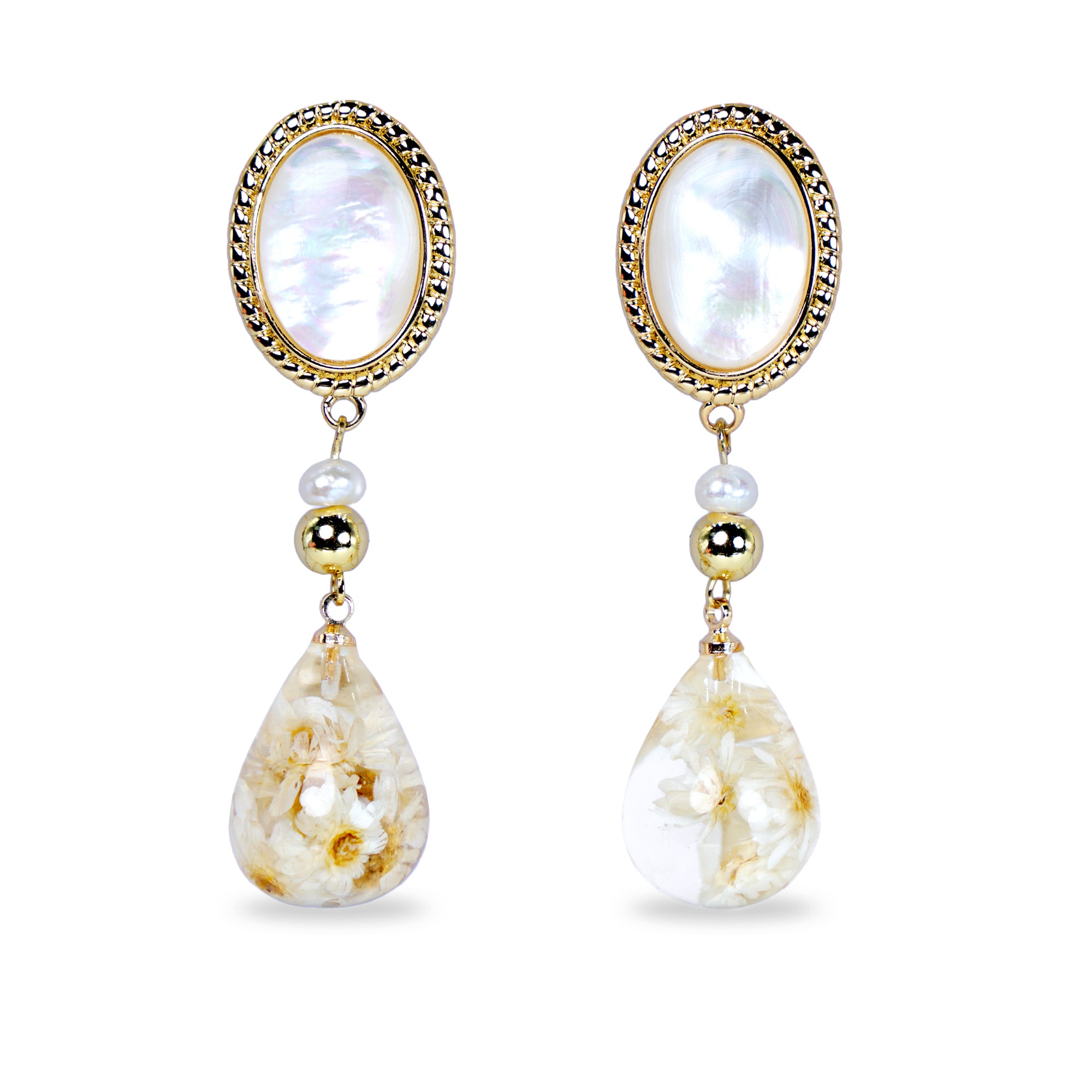Oval Nacre Top Dried Flower Resin Teardrop Earrings(WT)
