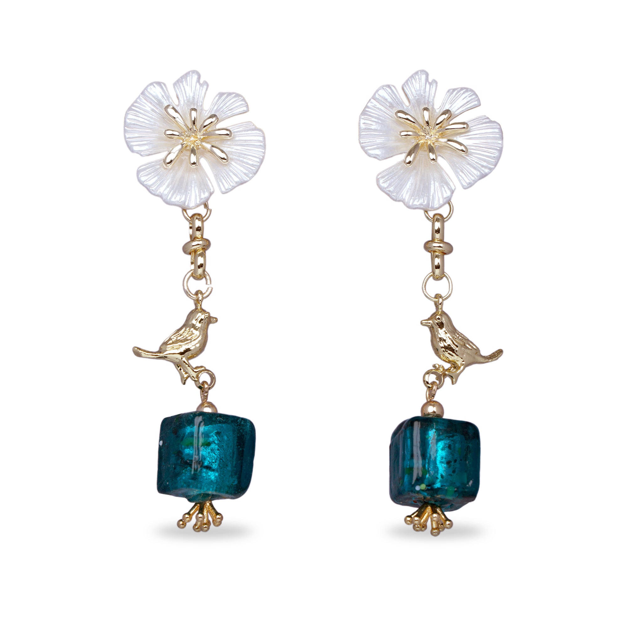 White Blooson With Bird Dangle Earrings