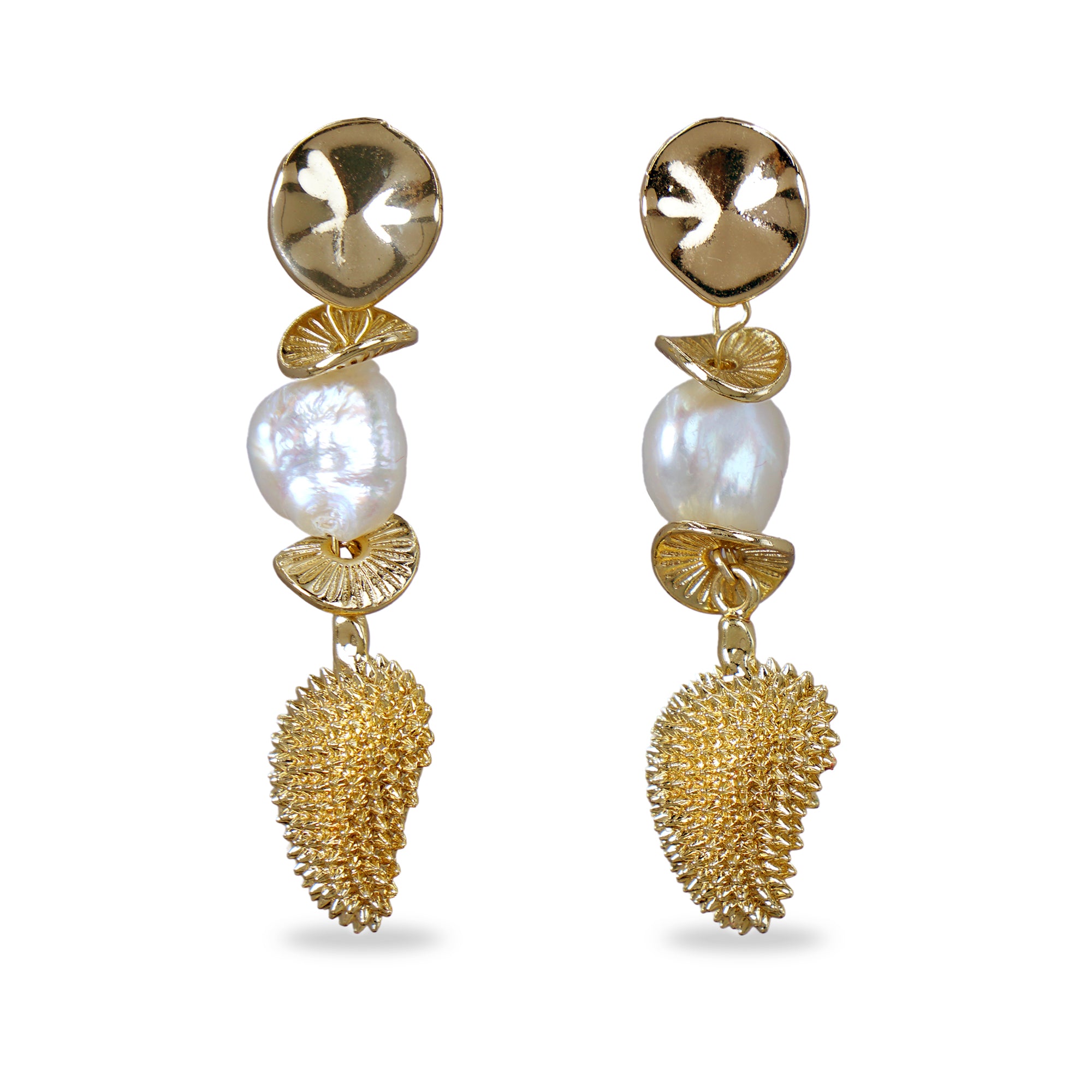 Gold Durian With Baroque Pearls Dangle Earrings
