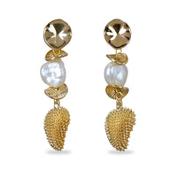 Gold Durian With Baroque Pearls Dangle Earrings