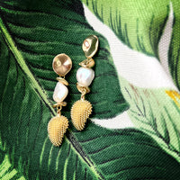 Gold Durian With Baroque Pearls Dangle Earrings