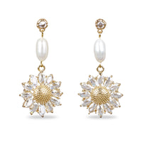 Gold Diamante & Sunflower With Pearls Drop Earrings