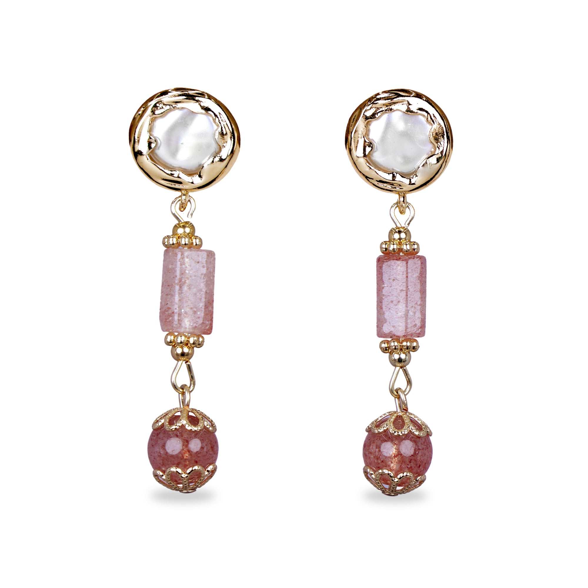 Shell Coin Rose Quartz Drop Earrings