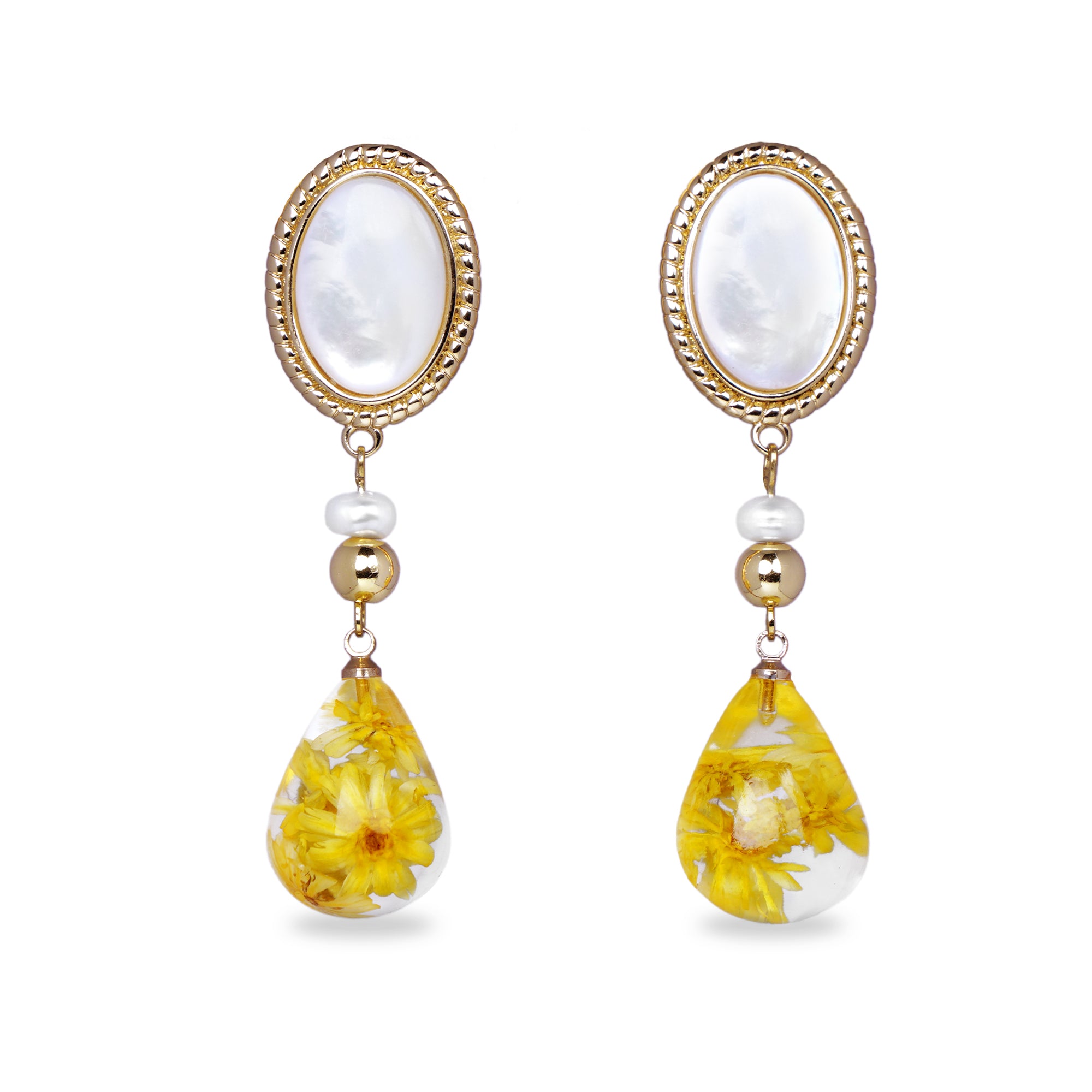 Oval Nacre Top Dried Flower Resin Teardrop Earrings(YL)