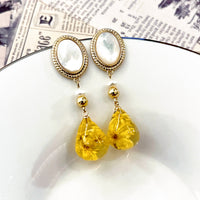 Oval Nacre Top Dried Flower Resin Teardrop Earrings(YL)