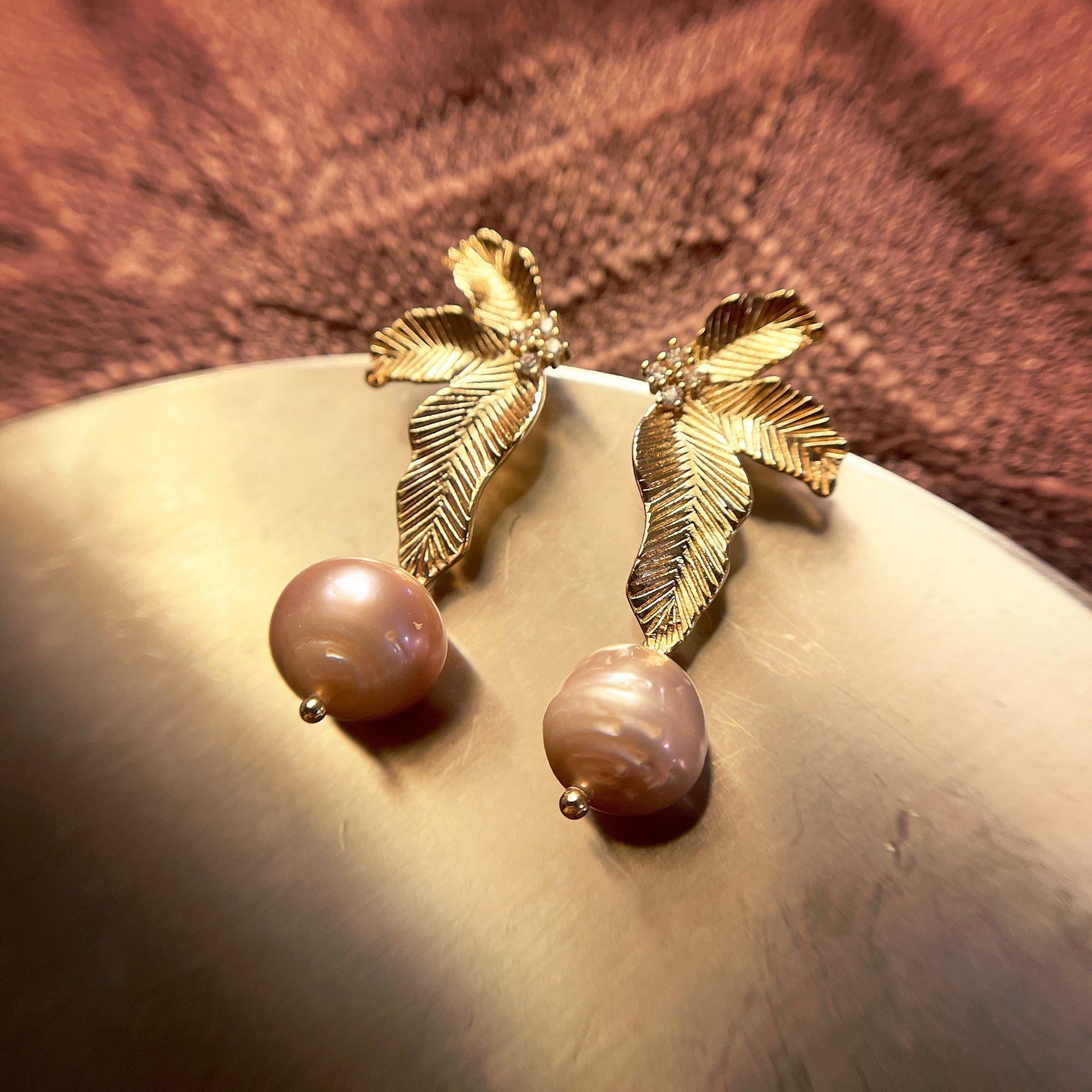 Gold Plated Plum Tree Leaf Earrings