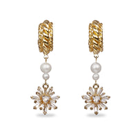 Gold Plated Pearl With Zircon Flower Hoop Earrings