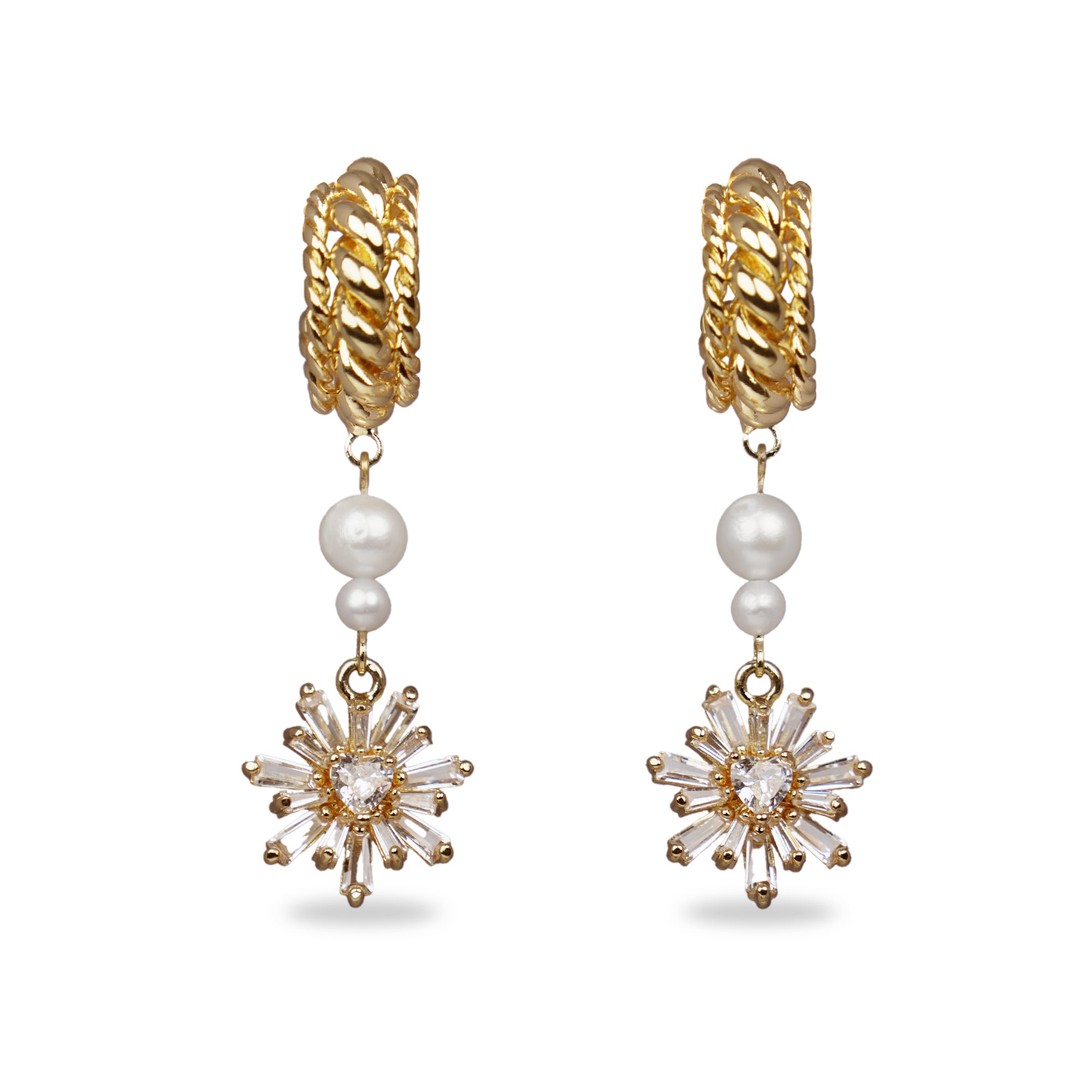 Gold Plated Pearl With Zircon Flower Hoop Earrings