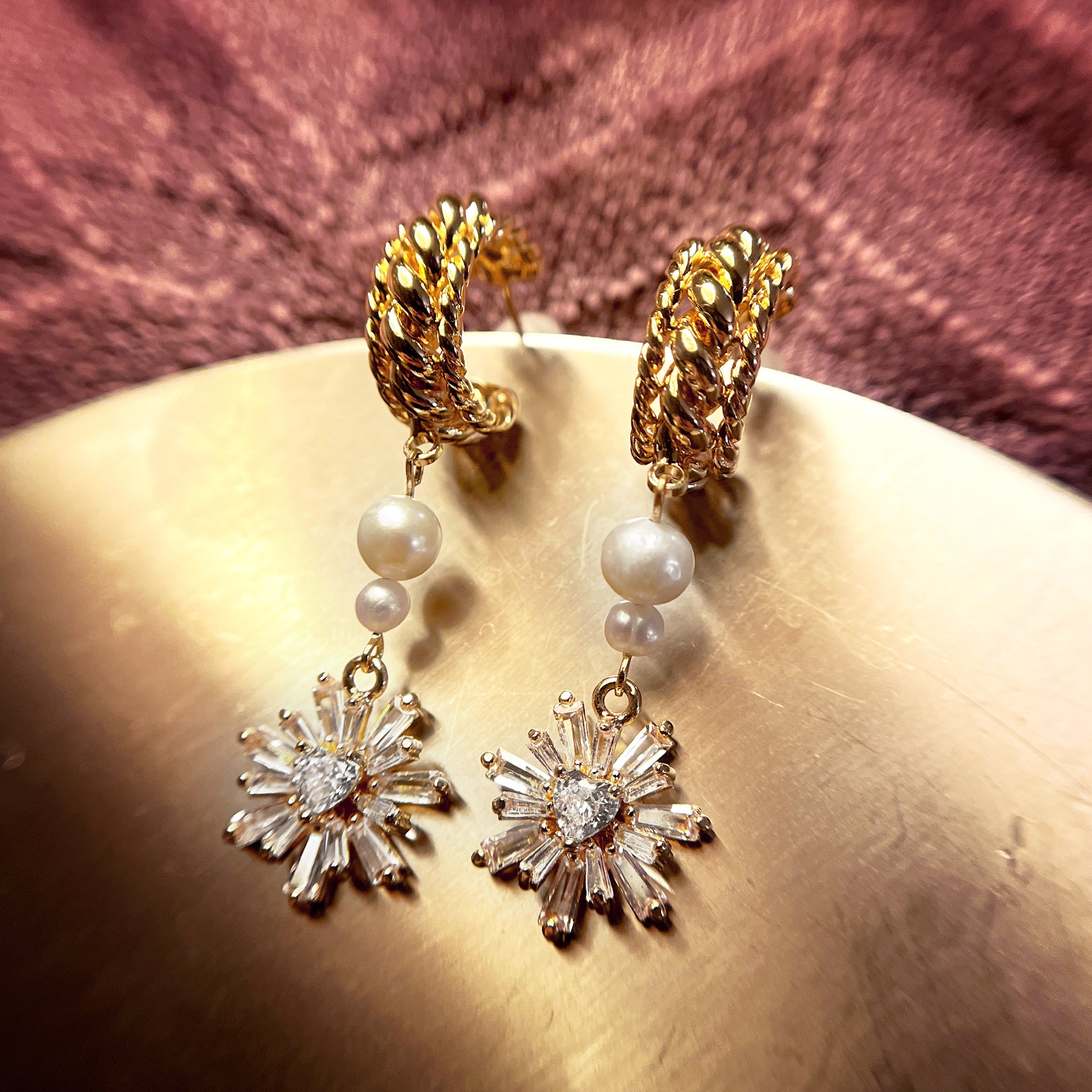 Gold Plated Pearl With Zircon Flower Hoop Earrings