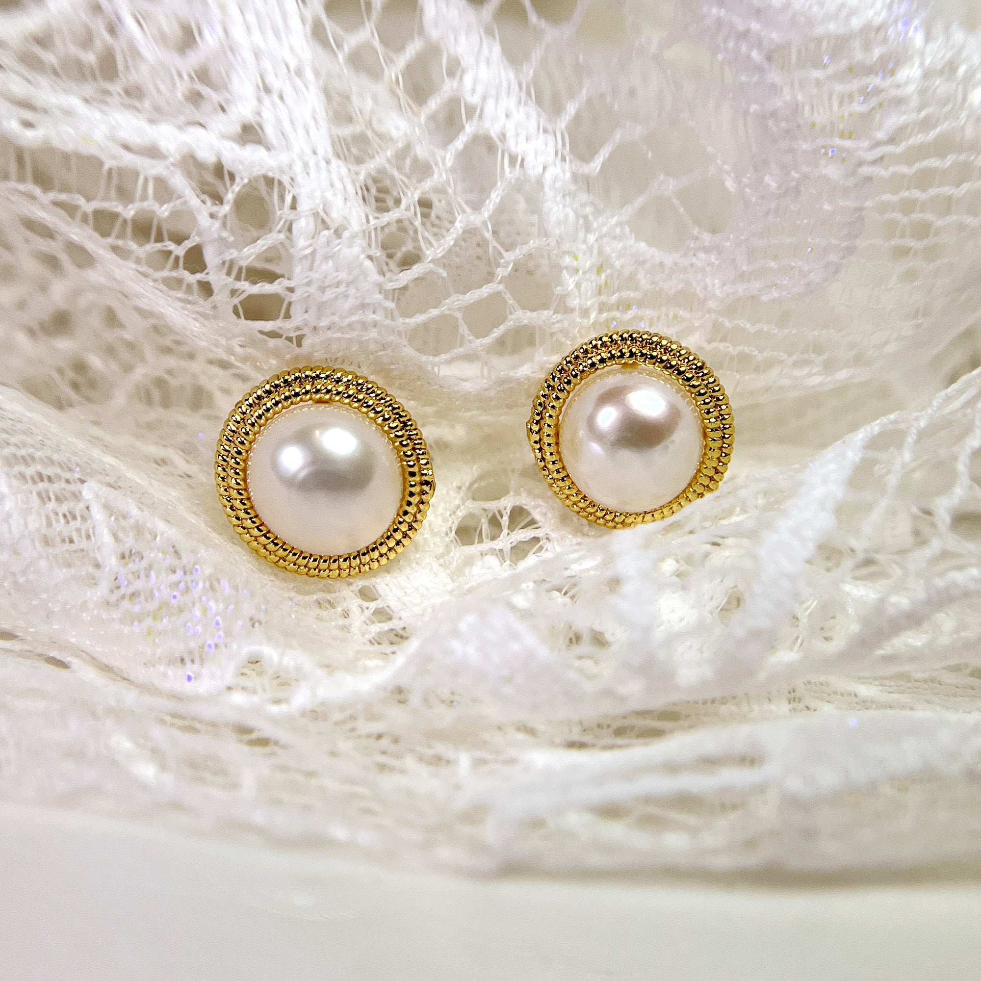 Gold Pearl Dome Encased Button Earrings