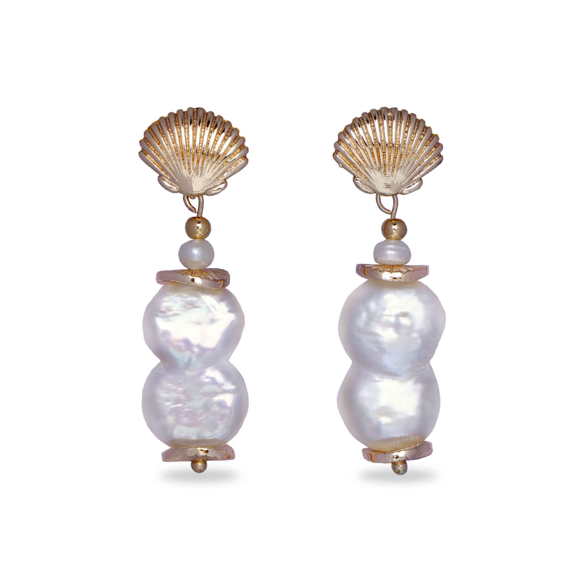 Shell Stud Earrings With Baroque Pearl Drops