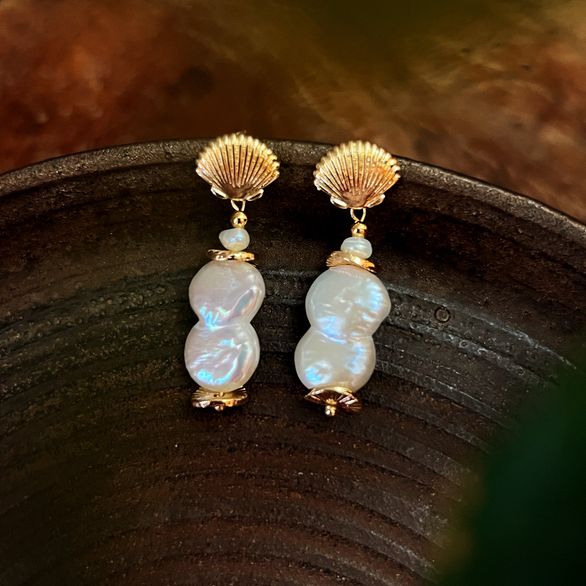 Shell Stud Earrings With Baroque Pearl Drops