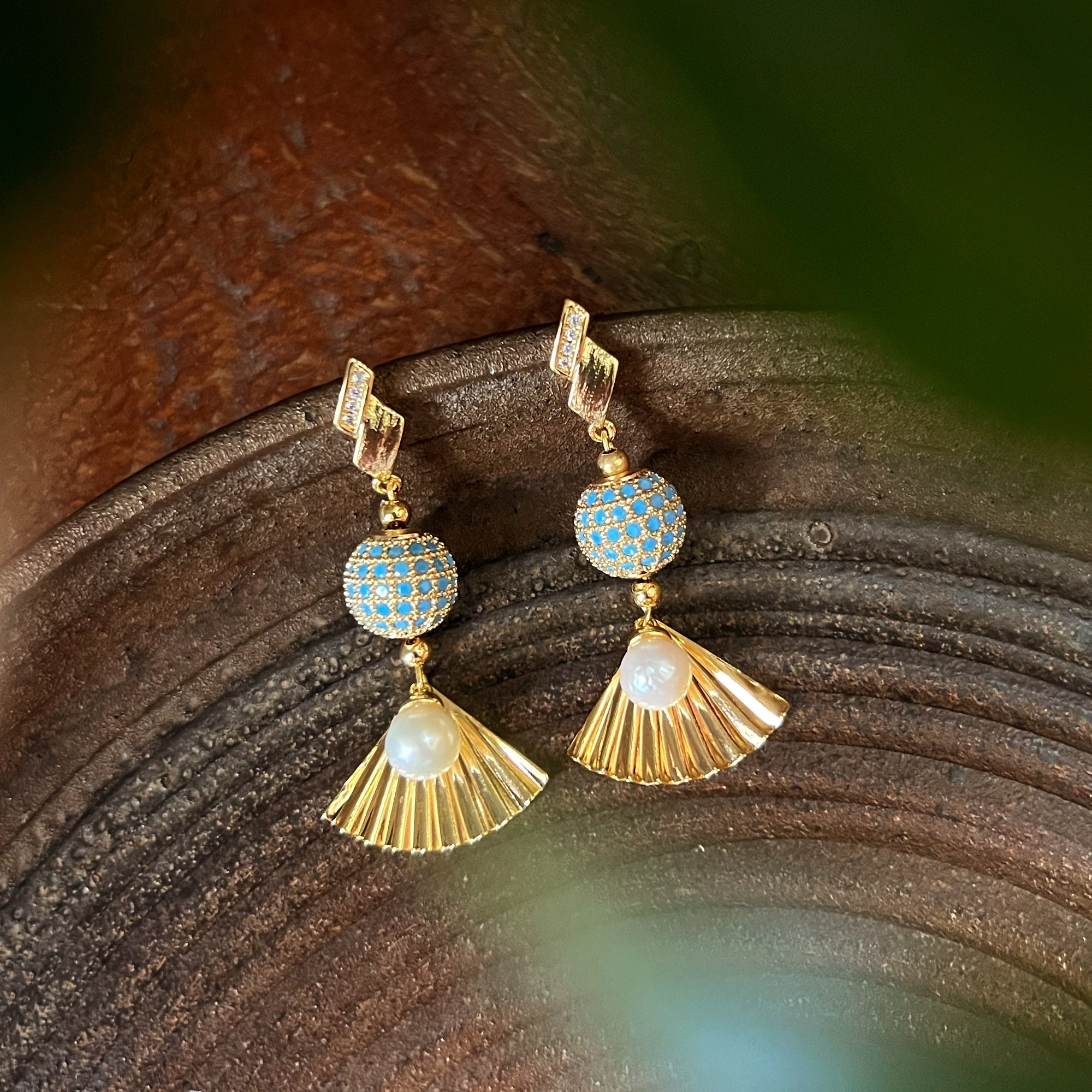 Turquoise Ball With Fan Drop Earrings