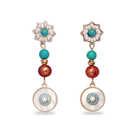 Ethnic-Style Long Dangle Earrings with Pearl & Turquoise