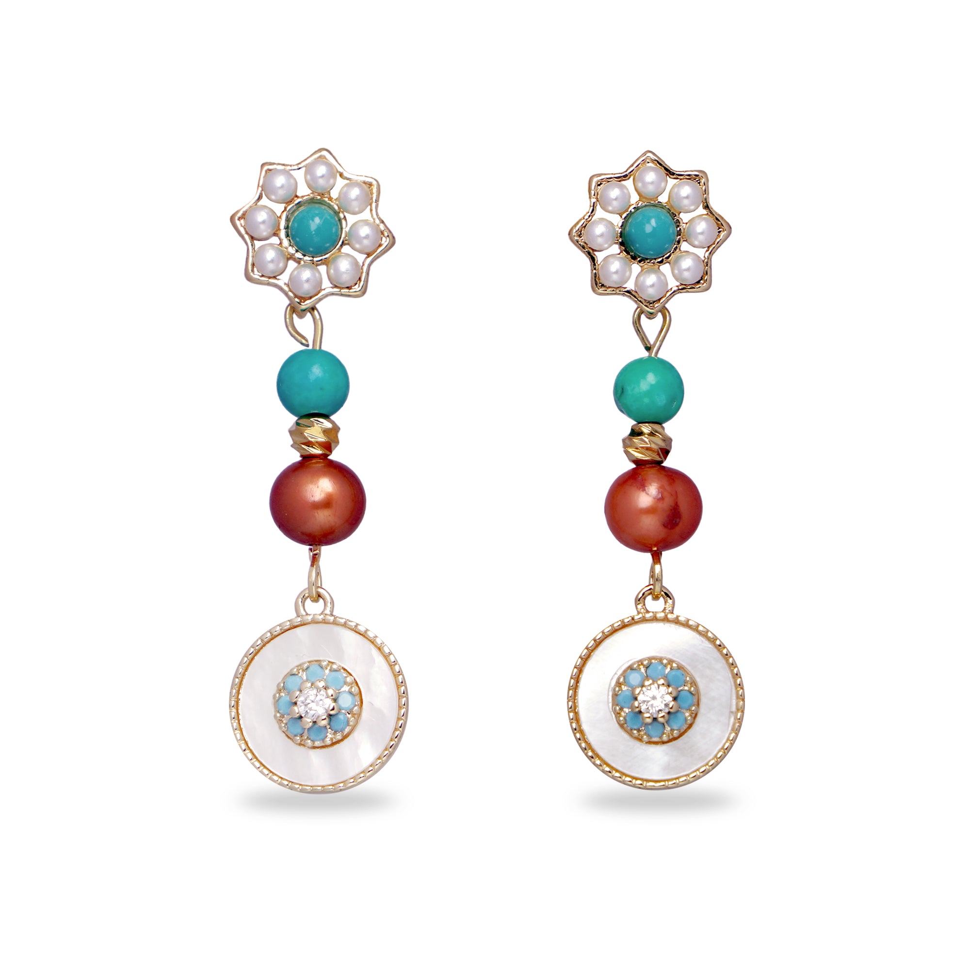 Ethnic-Style Long Dangle Earrings with Pearl & Turquoise