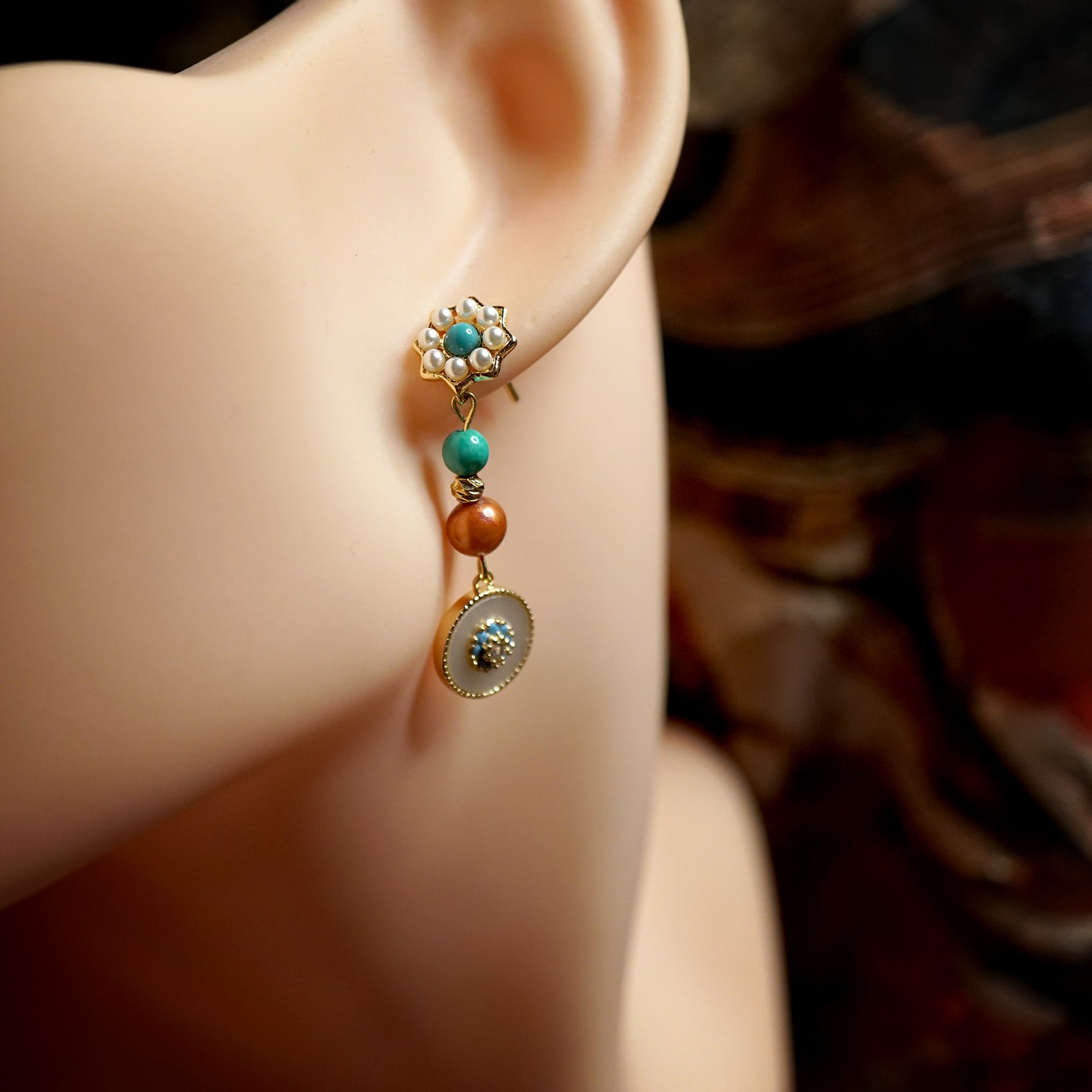 Ethnic-Style Long Dangle Earrings with Pearl & Turquoise