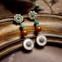 Ethnic-Style Long Dangle Earrings with Pearl & Turquoise