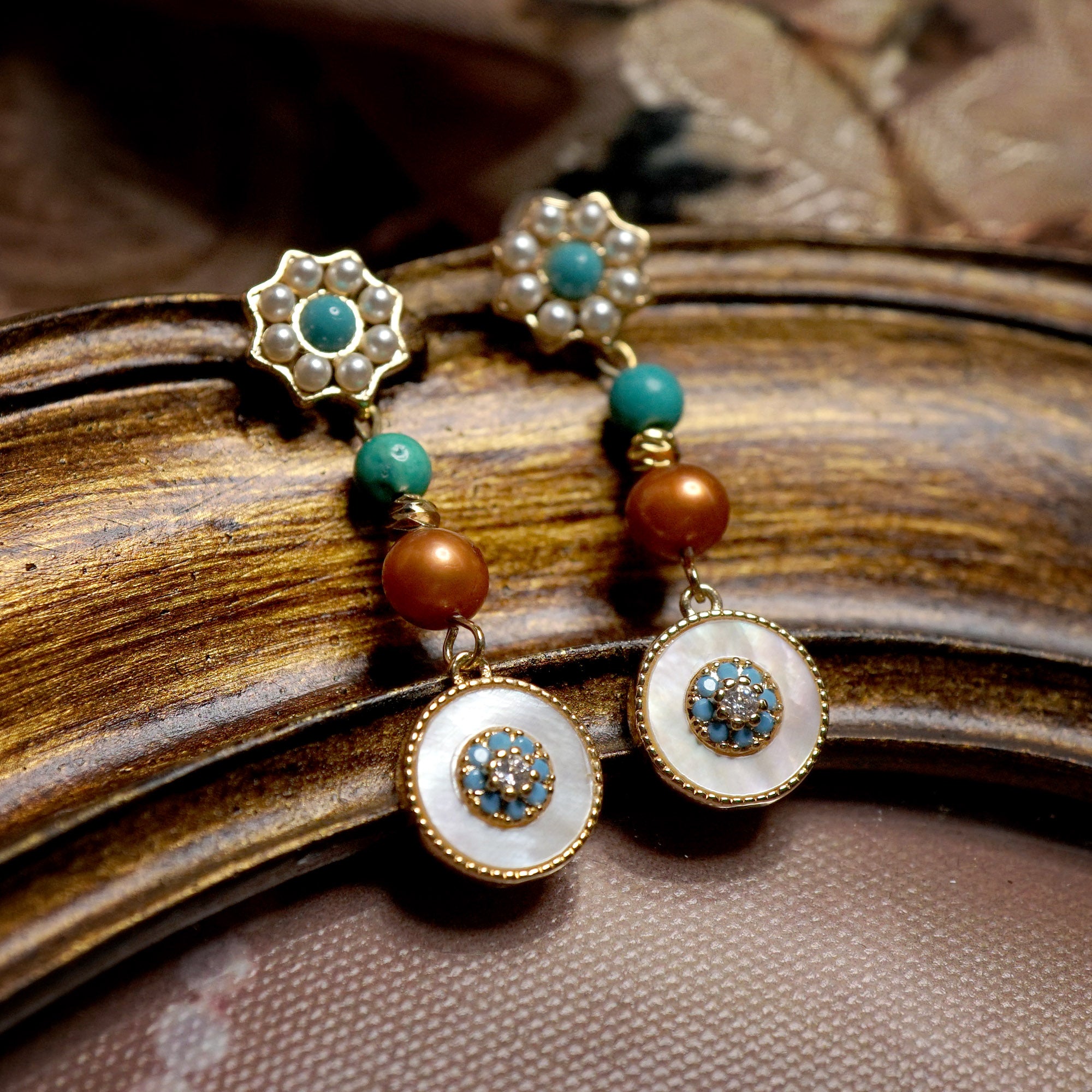 Ethnic-Style Long Dangle Earrings with Pearl & Turquoise