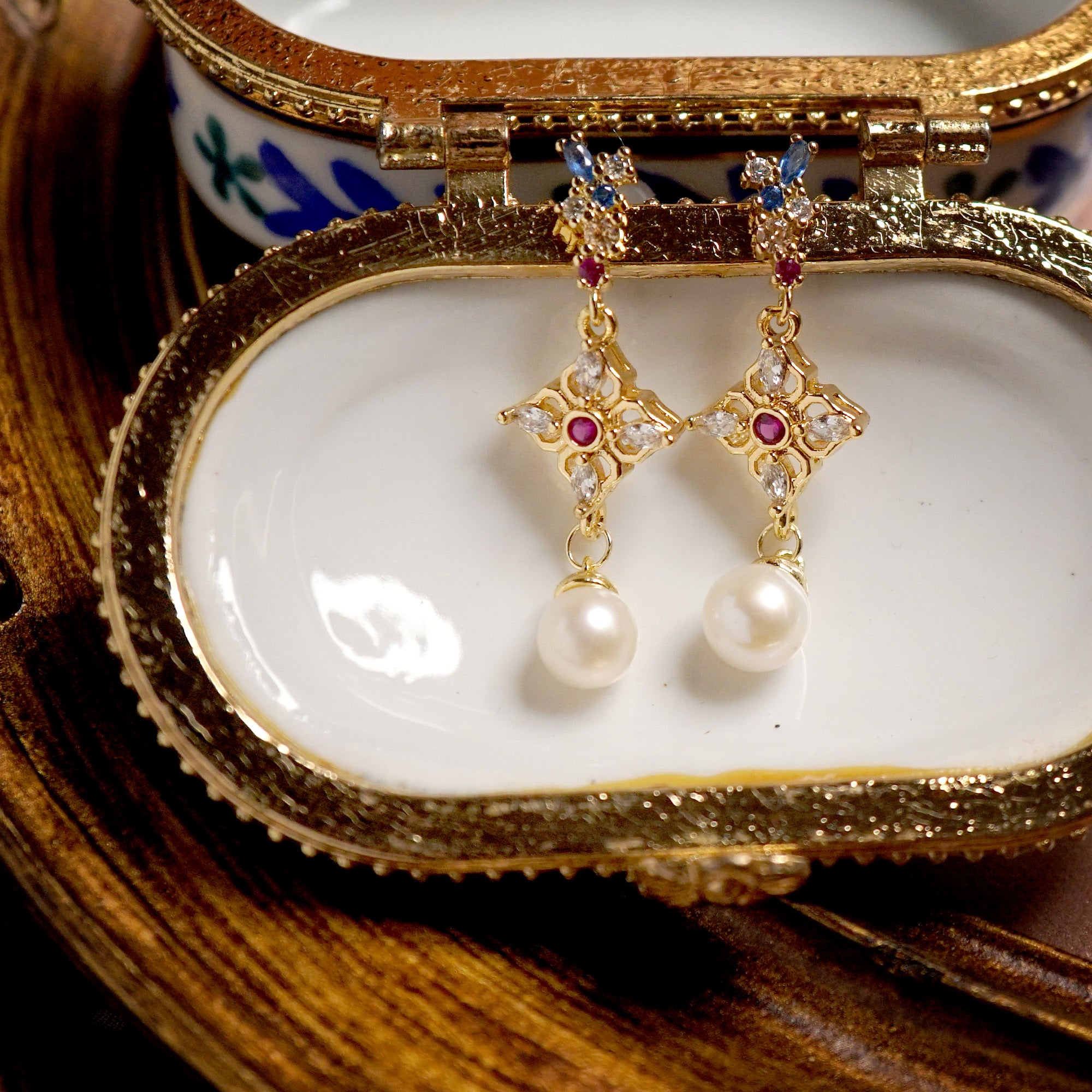 Hydrangea Cluster & Pearl Drop Earrings