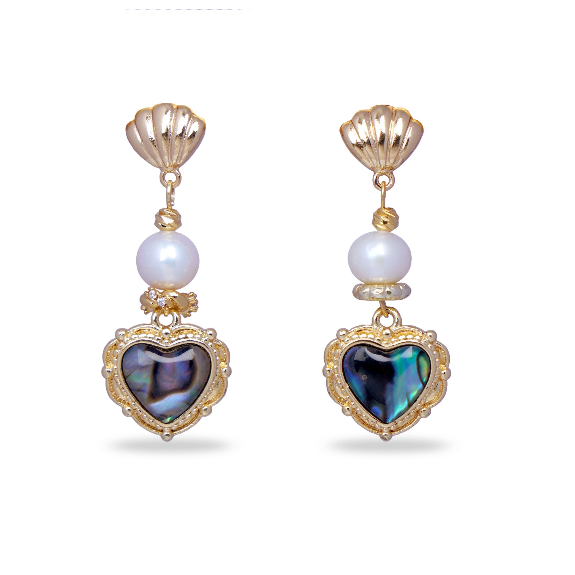 Pearl & Abalone Heart Drop Earrings