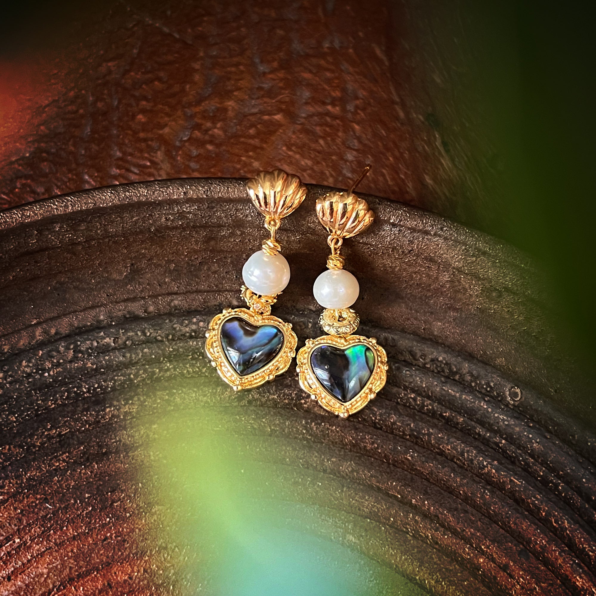 Pearl & Abalone Heart Drop Earrings