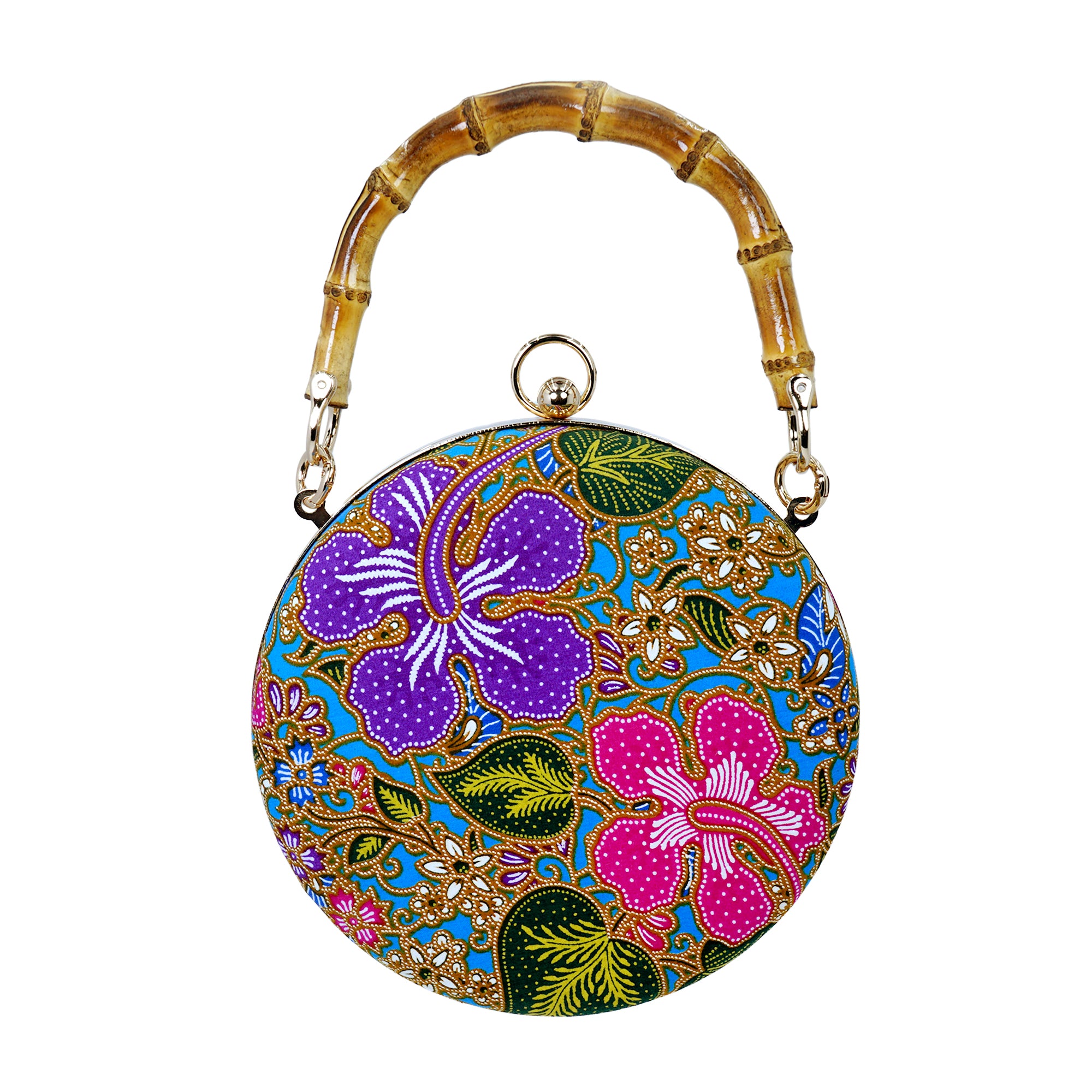 Round Hard Case Bamboo Handle Bag - Hibiscus