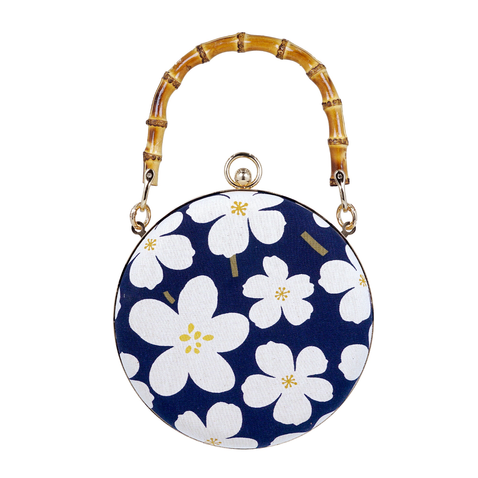 Round Hard Case Bamboo Handle Bag - White Rain Lily