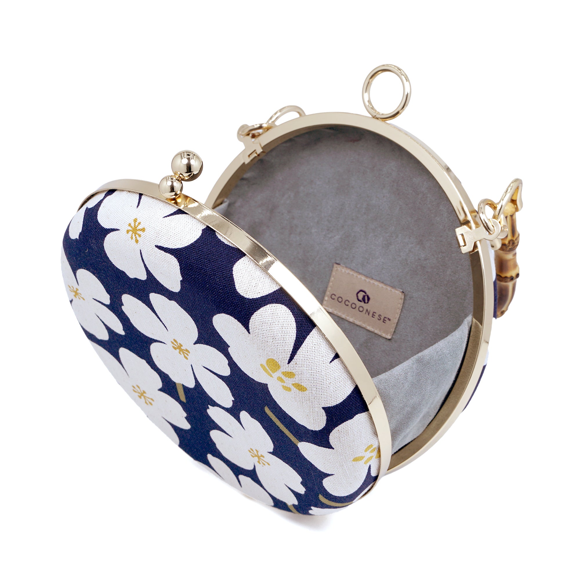 Round Hard Case Bamboo Handle Bag - White Rain Lily