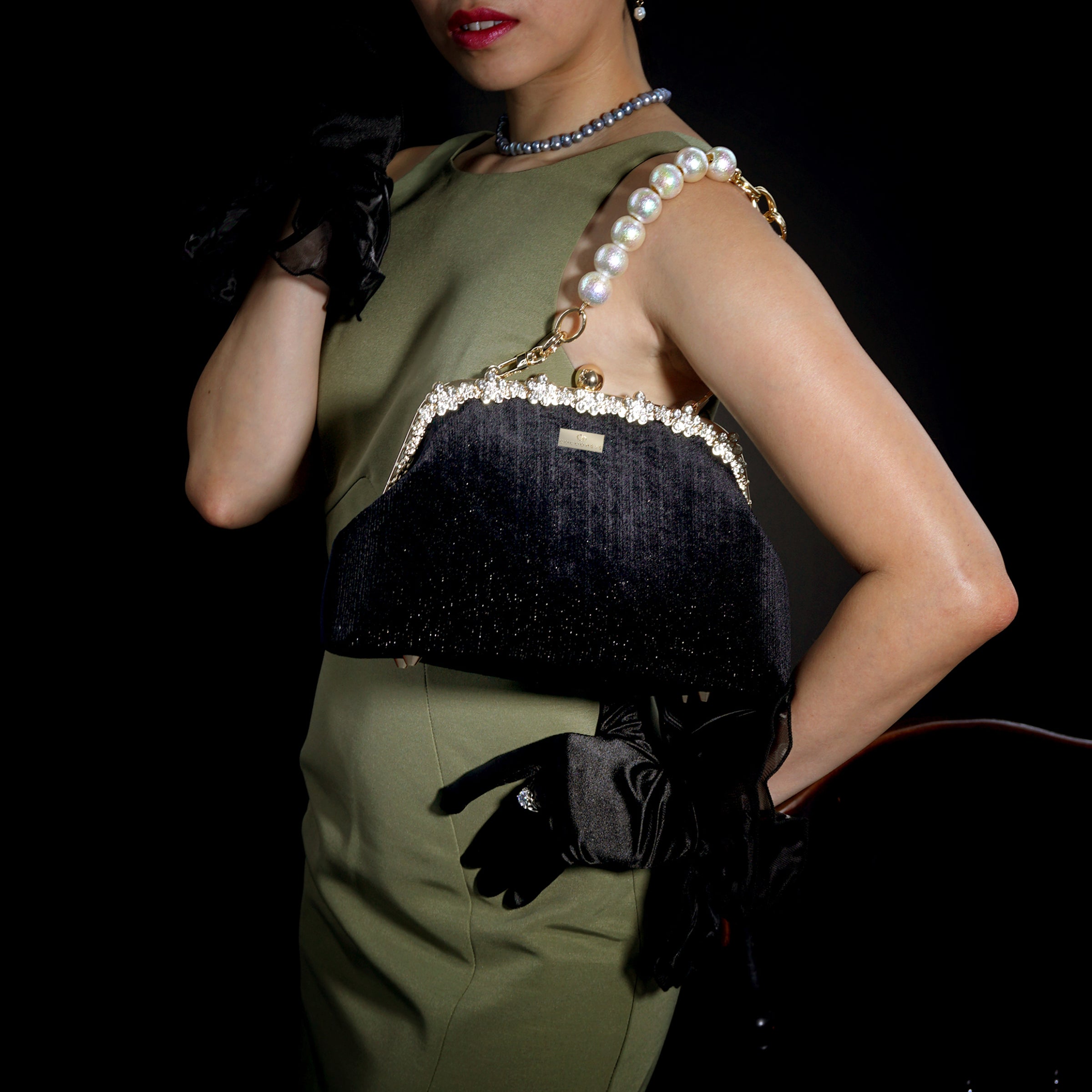 Rhinestone Frame Clutch Bag - Velvet