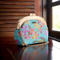 Round Crossbody Bag With Wooden Frame - Orchid Garden