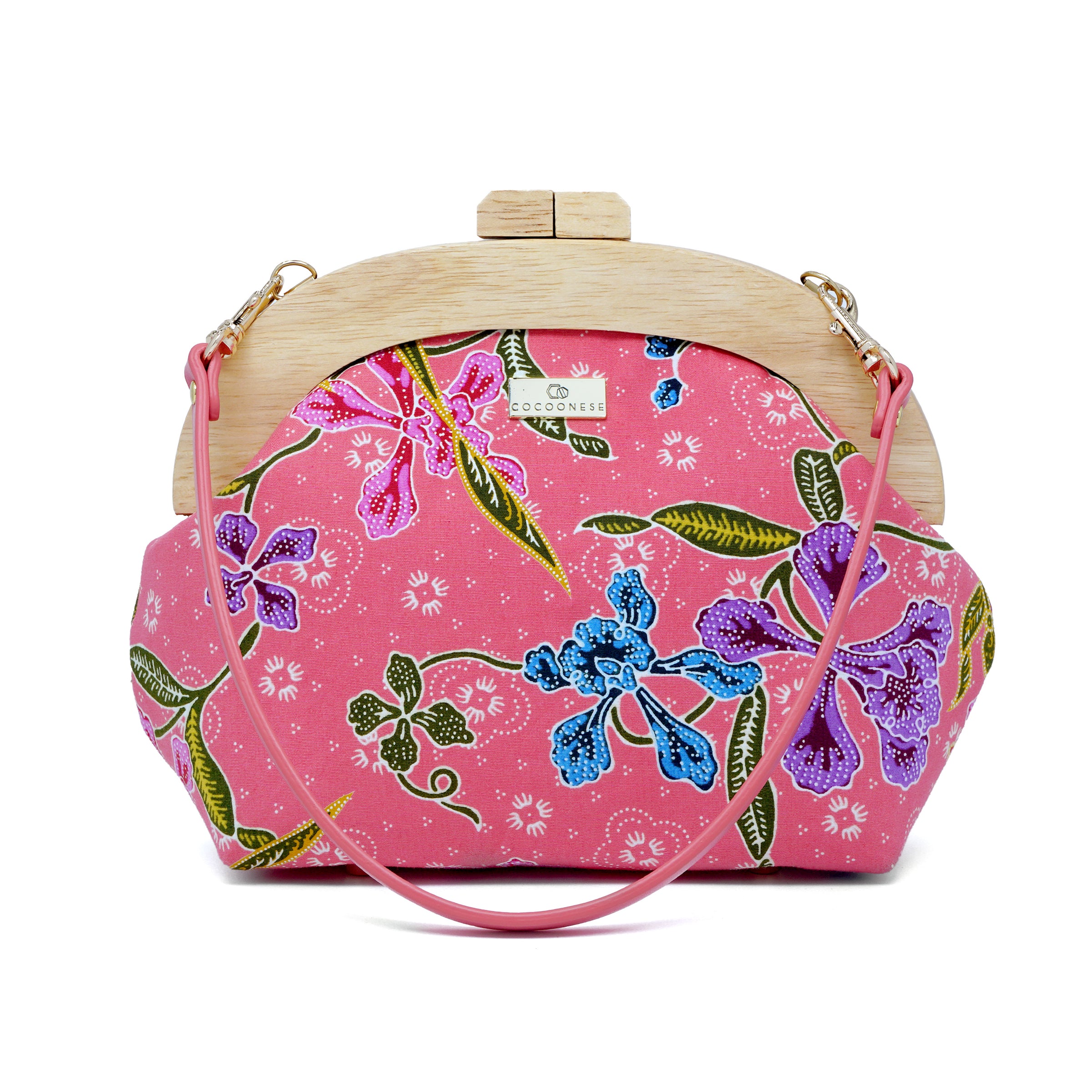 Round Crossbody Bag With Wooden Frame - Orchid Garden