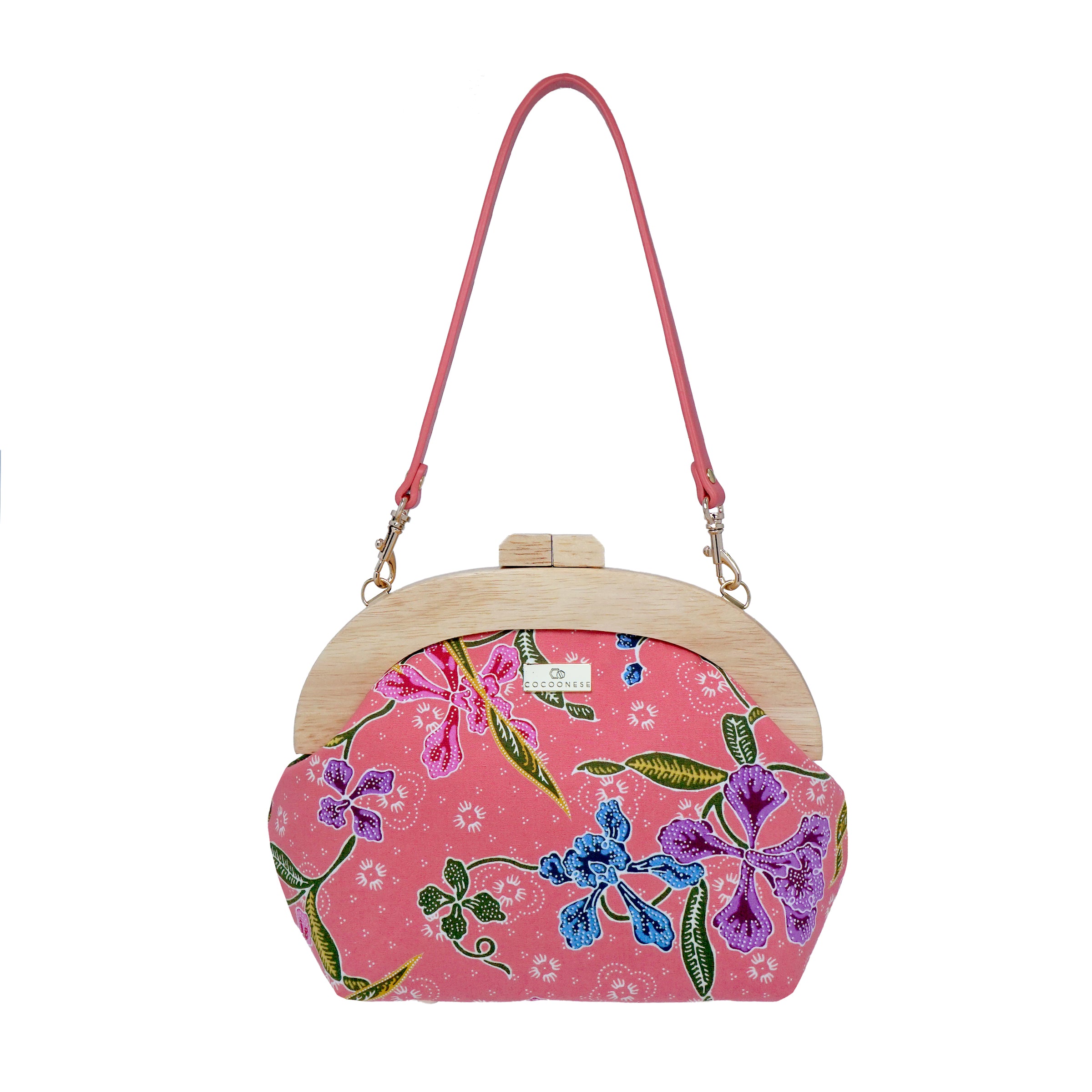 Round Crossbody Bag With Wooden Frame - Orchid Garden