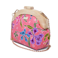 Round Crossbody Bag With Wooden Frame - Orchid Garden