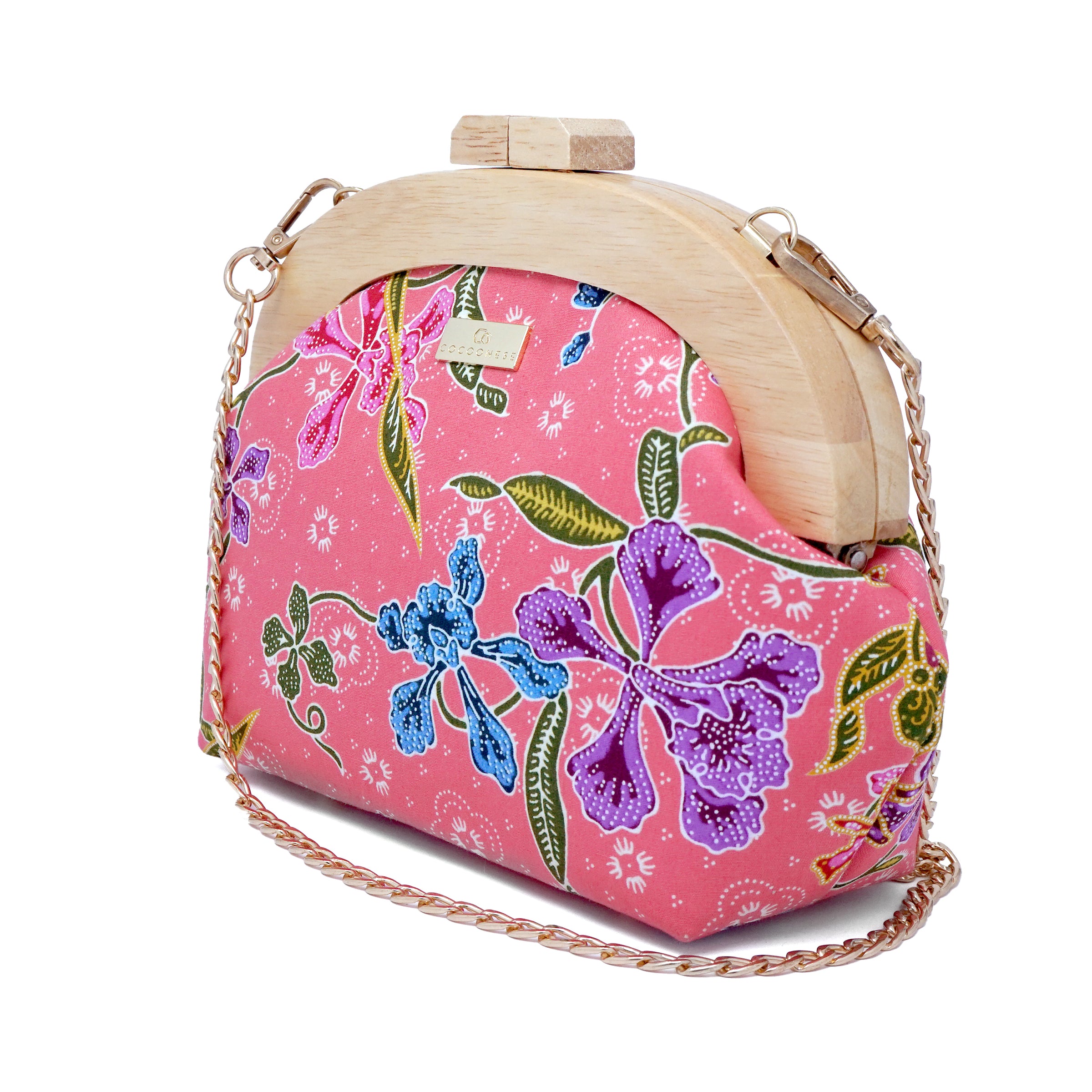 Round Crossbody Bag With Wooden Frame - Orchid Garden