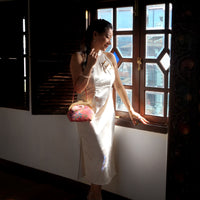 Round Crossbody Bag With Wooden Frame - Orchid Garden