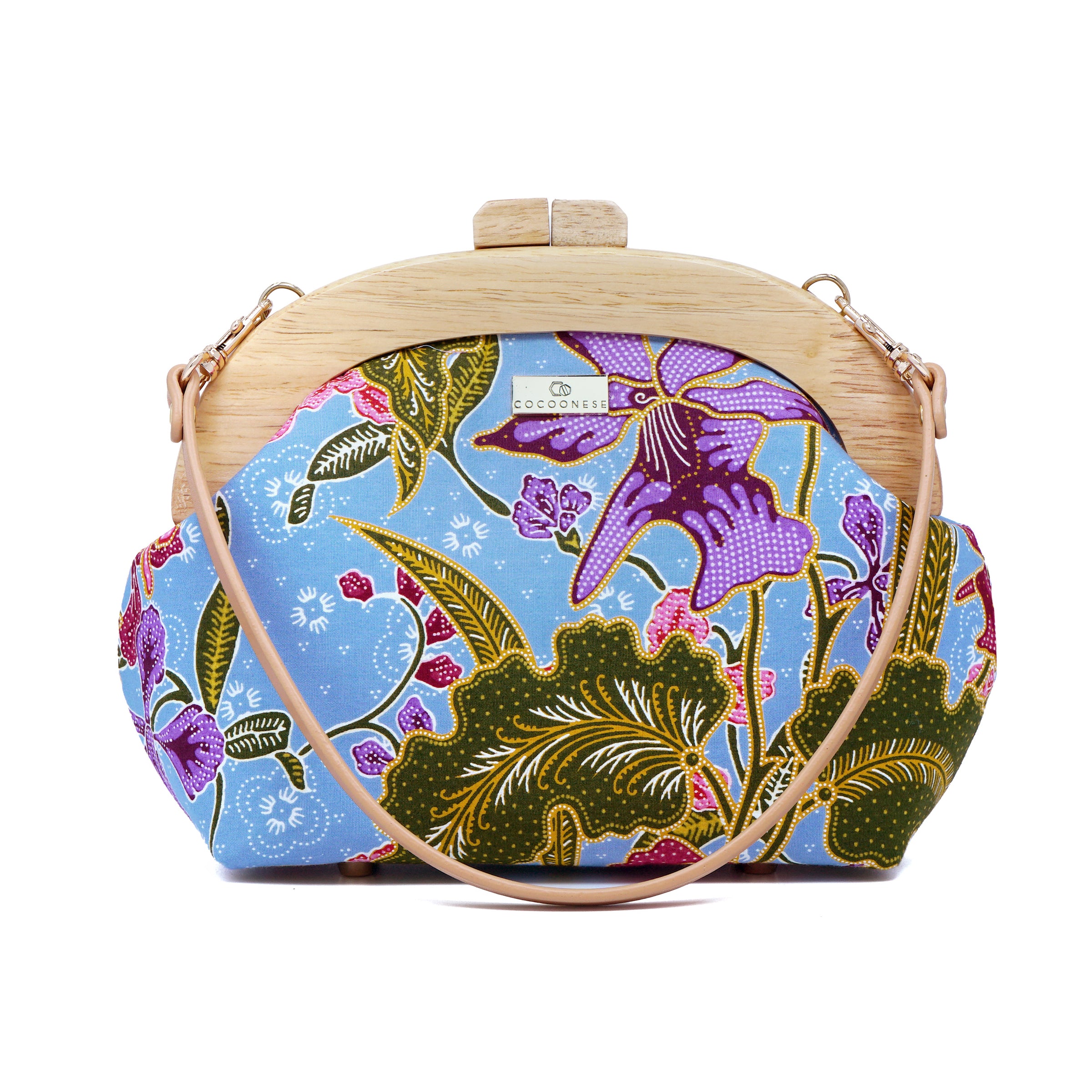 Round Crossbody Bag With Wooden Frame - Orchid Garden